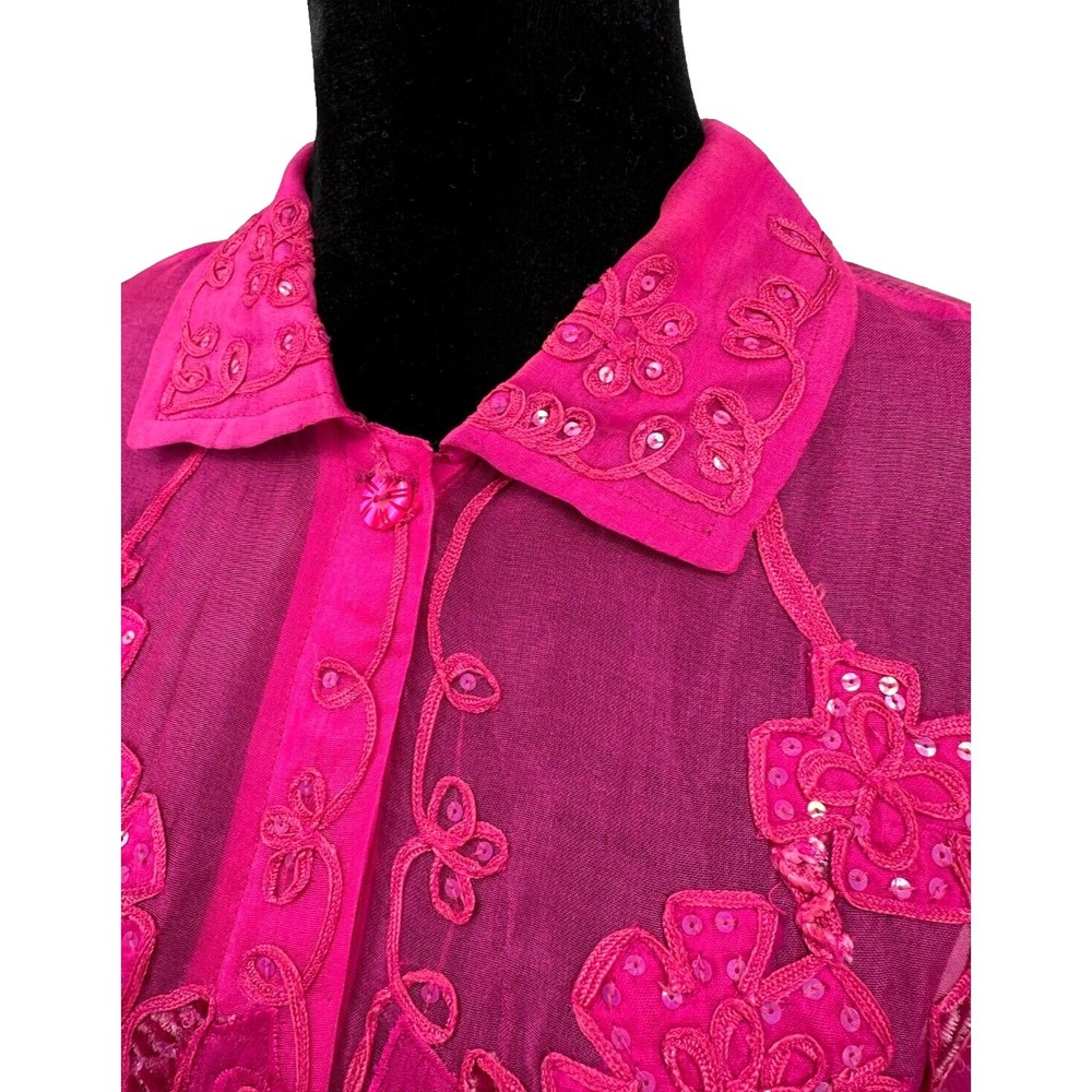 Sandy Starkman Womens Button Up Sheer Blouse Large Pink Embroidered Applique - Picture 4 of 16